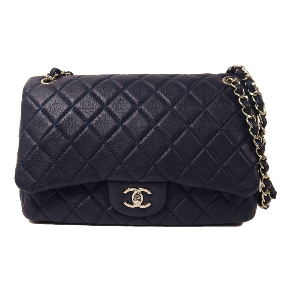 Chanel Chain Shoulder Bag Navy: Navy lambskin chain shoulder bag with silver hardware; includes hologram sticker and guarantee; 28.5 x 18.5 x 8.5 cm.