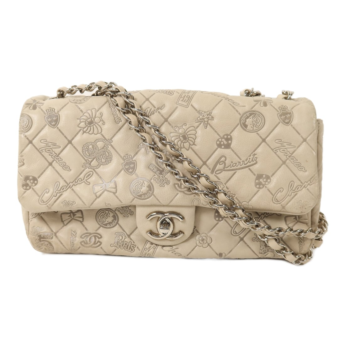 Chanel 2Way Chain Bag Beige: Chain shoulder 2 way shoulder bag in beige calfskin with silver hardware; includes storage bags, hologram sticker, and guarantee; 25 x 14 x 6 cm.