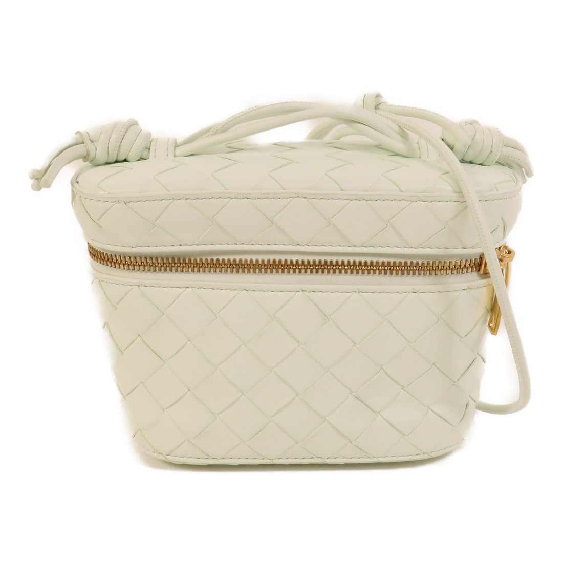 Bottega Mini Vanity Case Green: Mini Intrecciato vanity case shoulder bag in green and light green lambskin with gold hardware; includes storage bags; 15 x 12 x 8.5 cm.