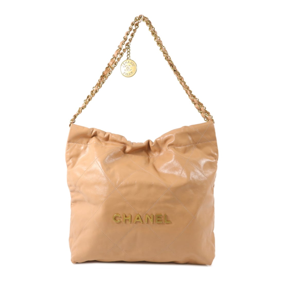 Chanel 22 Small Beige: Chanel 22 Small chain shoulder bag AS3260 in beige calfskin with gold hardware; includes hologram sticker; 35 x 37 x 7 cm.