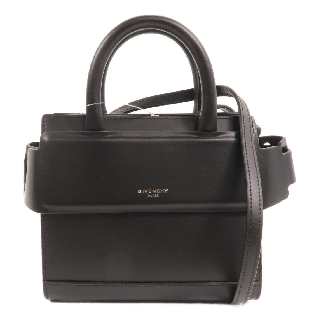 Givenchy Mini Horizon 2Way Black: Mini Horizon 2 way shoulder bag in black calfskin with silver hardware; includes shoulder strap; 15.5 x 14 x 9 cm.