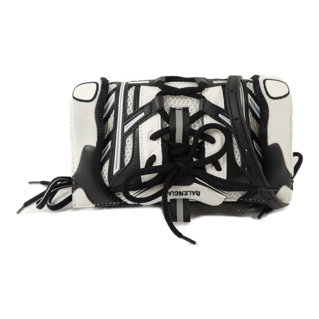 Balenciaga Phone Crossbody Black: Sneakerhead phone crossbody shoulder bag 661723 in black and white nylon with calfskin trim; includes storage bags; 19 x 12 x 5 cm.