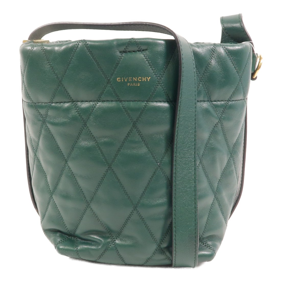 Givenchy Mini GV Bucket Green: Mini GV bucket shoulder bag in green calfskin with gold hardware; 13 x 21 x 14 cm.