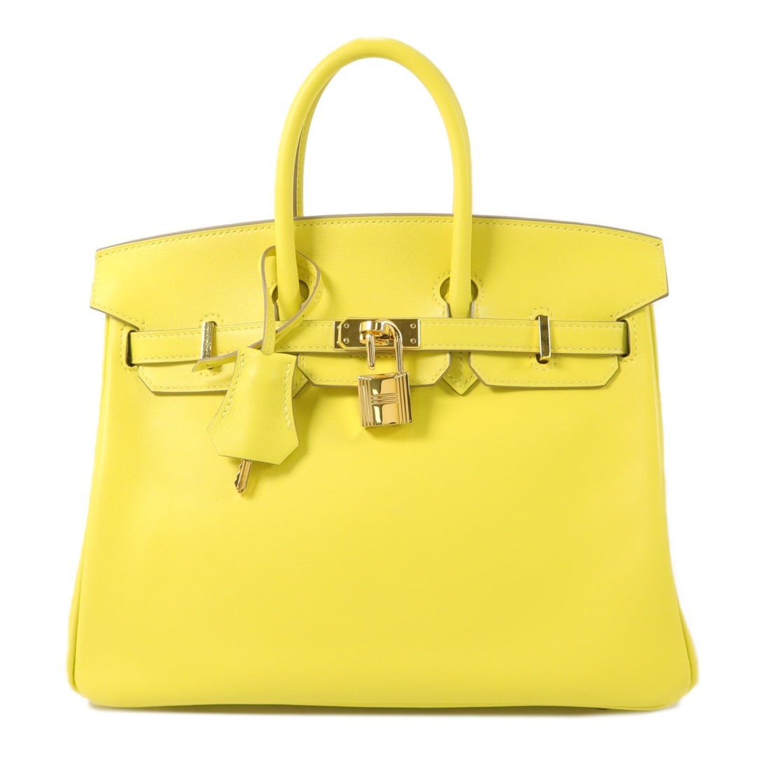 Hermes Birkin 25 Lime: Birkin 25 handbag in Lime Swift leather with gold hardware; includes box, storage bags, clochette, key, and cadena; 25 x 20 x 13 cm.