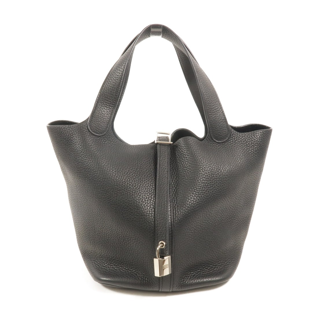 Hermes Picotin MM Noir: Picotin MM hand bag bucket tote in Noir Taurillon Clemence leather with palladium hardware; includes key and cadena; 18 x 22 x 22 cm.
