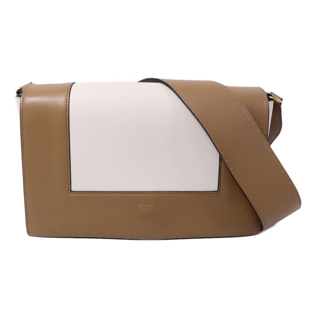 Celine Frame Bag White Beige: Frame shoulder bag 180263AQO in white and beige calfskin with gold hardware; includes storage bags; 25 x 16 x 10 cm.