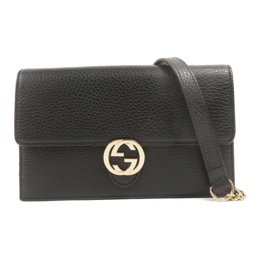 Gucci Interlocking G WOC Black: Interlocking G wallet on chain 510314 in black calfskin with gold hardware; 19 x 11.5 x 3 cm.