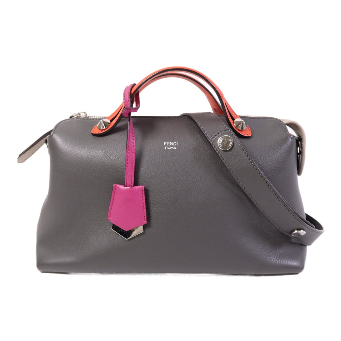 Fendi By The Way Gray Red: By The Way 2 way shoulder bag 8BL124 in gray and red calfskin with silver hardware; includes storage bags, shoulder strap, and clochette; 28 x 18 x 13 cm.