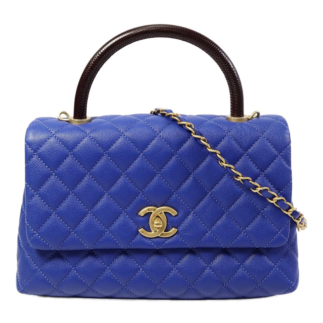 Chanel Coco Handle Blue: Coco Handle crossbody shoulder bag A92991 in blue calfskin and lizard leather; includes storage bags, hologram sticker, guarantee, and shoulder strap; 28 x 18 x 8.5 cm.