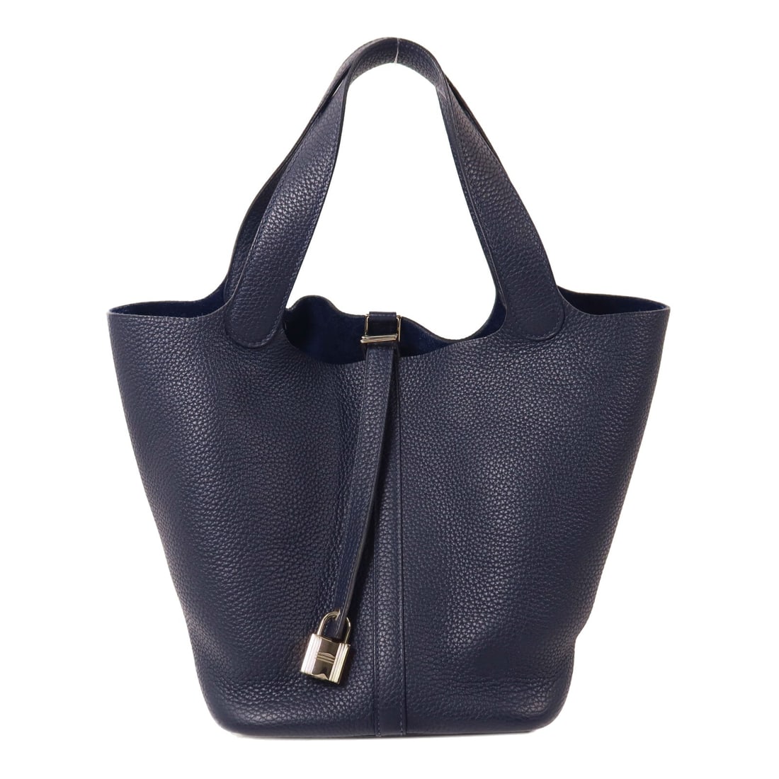 Hermes Picotin MM Bleu Nuit: Picotin MM bucket tote in Bleu Nuit Taurillon Clemence leather with palladium hardware; includes key and cadena; 18 x 22 x 22 cm.