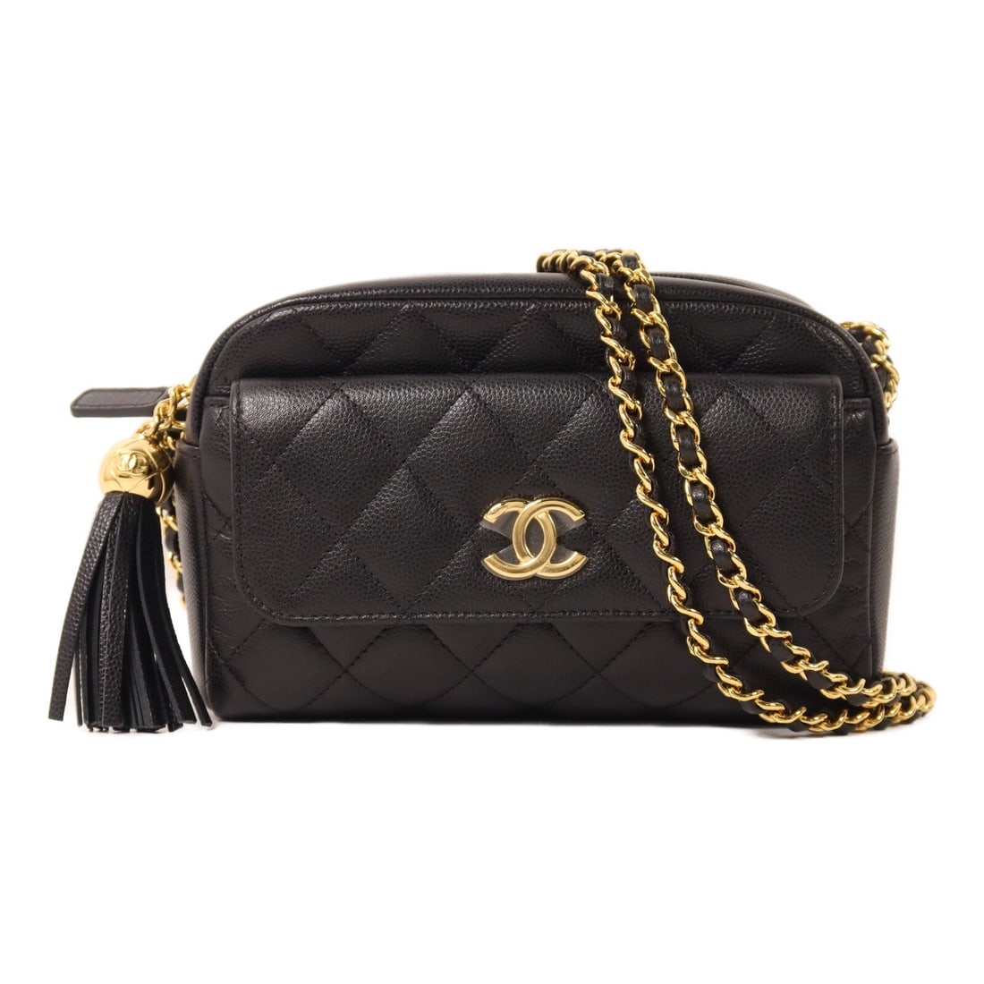 Chanel Mini Camera Bag Black: Mini Camera Bag chain shoulder bag AS5666 in black calfskin with gold hardware; includes storage bags and hologram sticker; 17 x 11 x 6 cm.