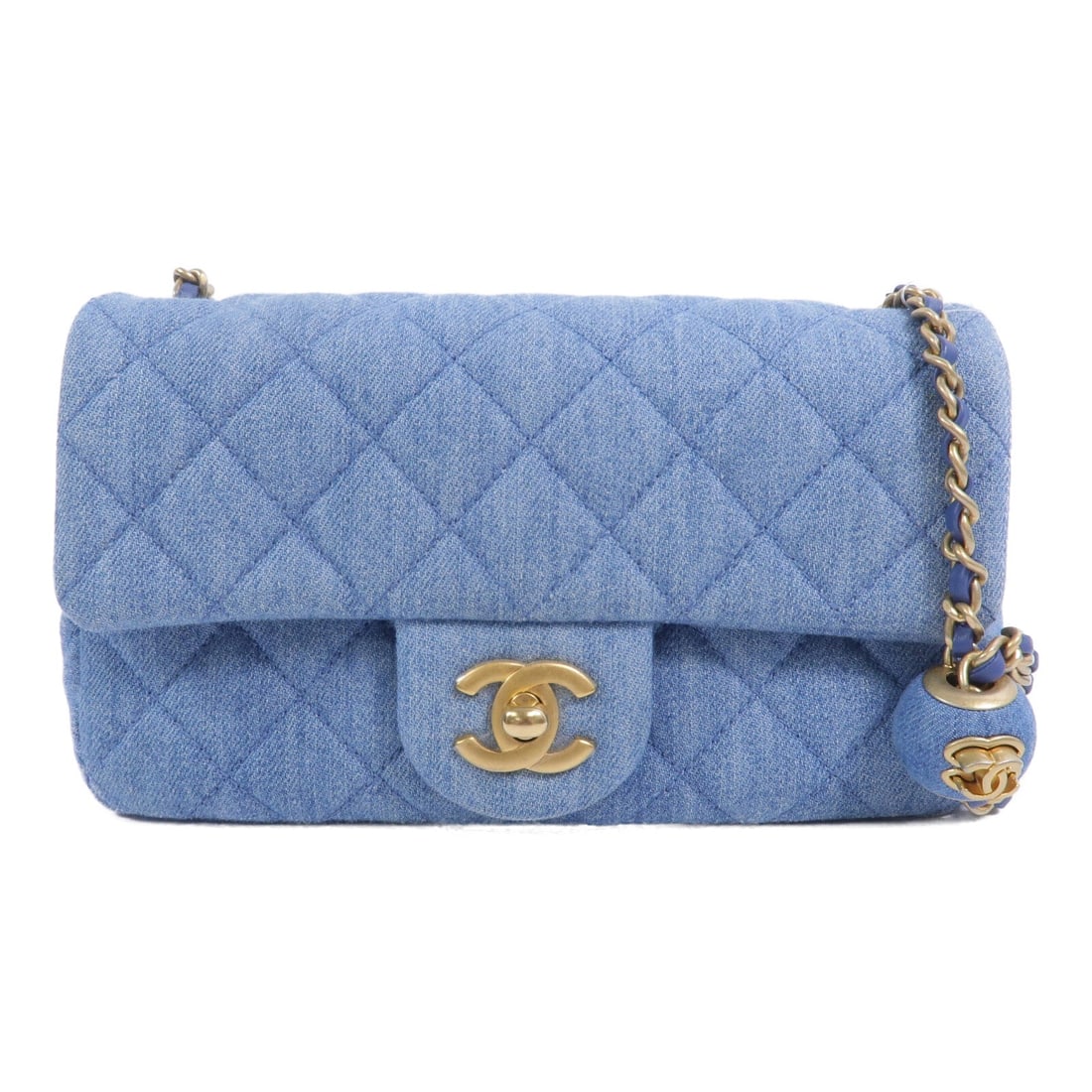 Chanel Classic 20 Denim Blue: Classic 20 2 way chain shoulder bag AS1787 in blue denim with gold hardware; includes storage bags and hologram sticker; 19.5 x 12 x 5 cm.