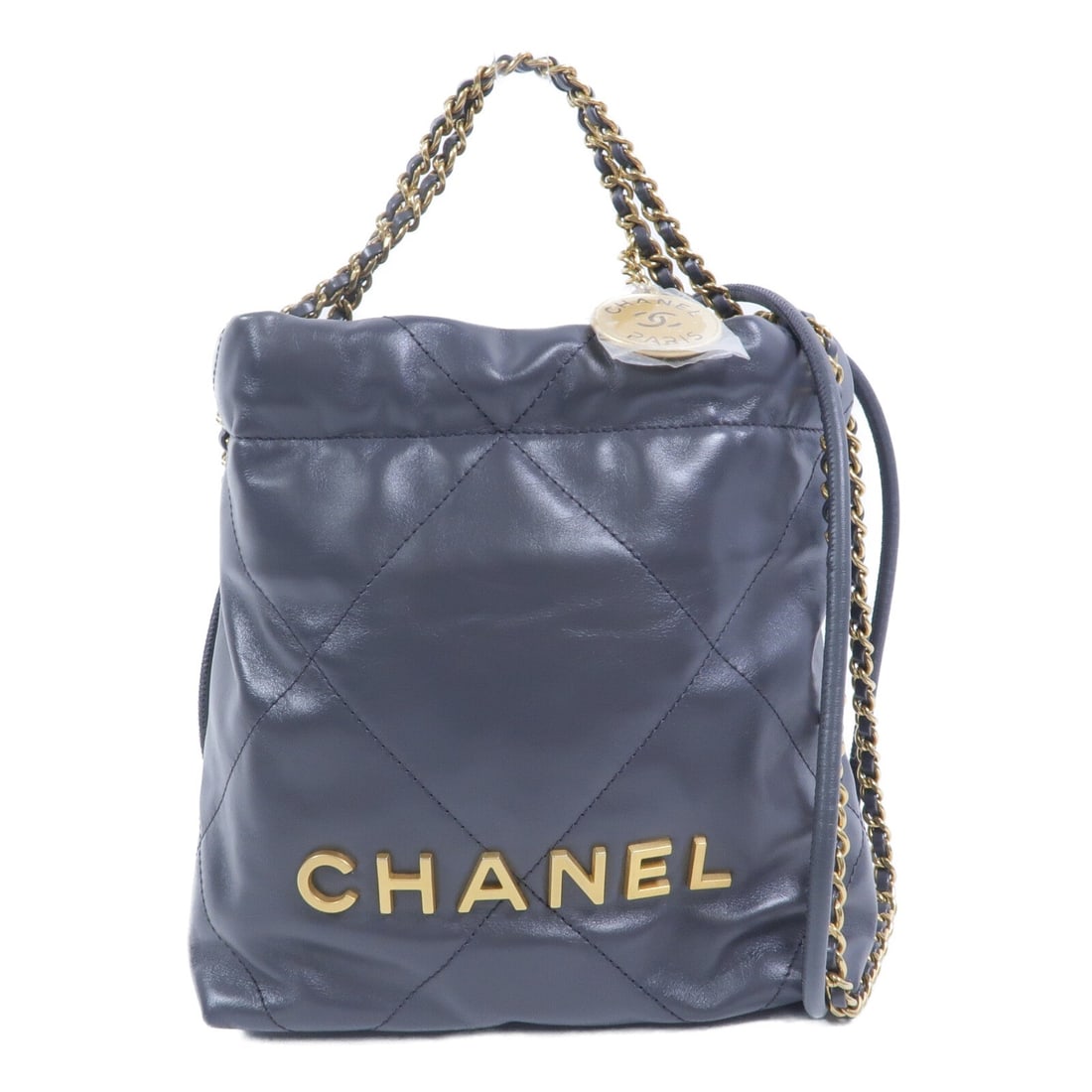 Chanel 22 Mini Grey: Chanel 22 Mini chain shoulder bag AS3980 in grey calfskin with gold hardware; includes storage bags and hologram sticker; 22 x 19 x 6 cm.