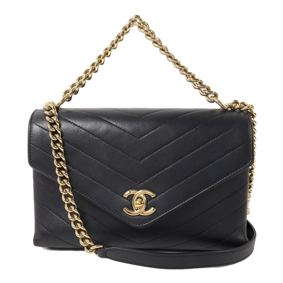 Chanel Chain Shoulder Bag Navy: Navy calfskin chain shoulder bag with gold hardware; includes hologram sticker and guarantee; 23 x 15 x 7.5 cm.