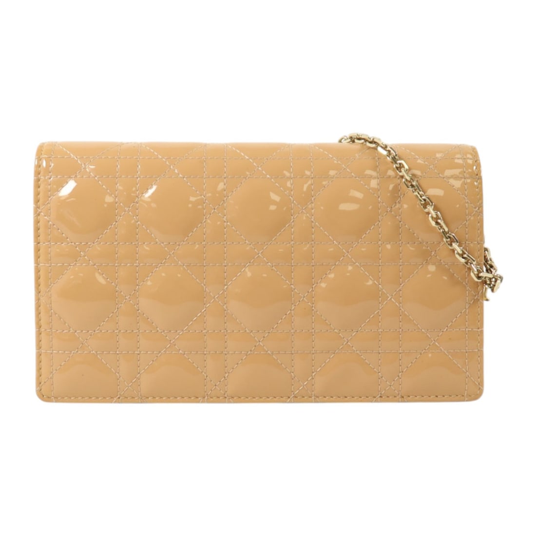 Dior Lady Dior Chain Pouch Beige: Lady Dior Pouch With Chain shoulder bag in beige enamel leather; 21.5 x 12.2 x 4 cm.