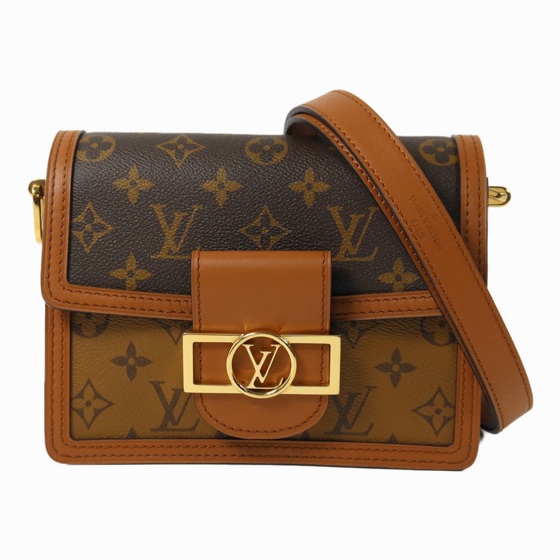 Louis Vuitton Mini Dauphine Brown: Mini Dauphine shoulder bag M44580 in Monogram Reverse coated canvas with gold hardware; includes storage bags and shoulder strap; 19.5 x 15 x 8 cm.