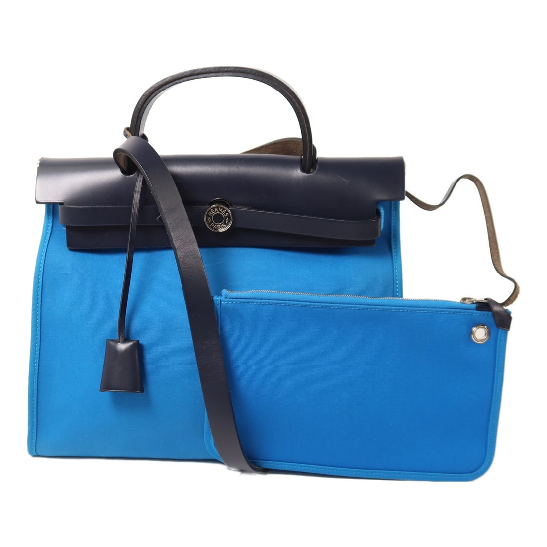 Hermes Herbag PM Bleu Zanzibar: Herbag PM 2 way shoulder bag in Bleu Zanzibar canvas with palladium hardware; includes clochette, key, cadena, and pouch; 30 x 24 x 11 cm.