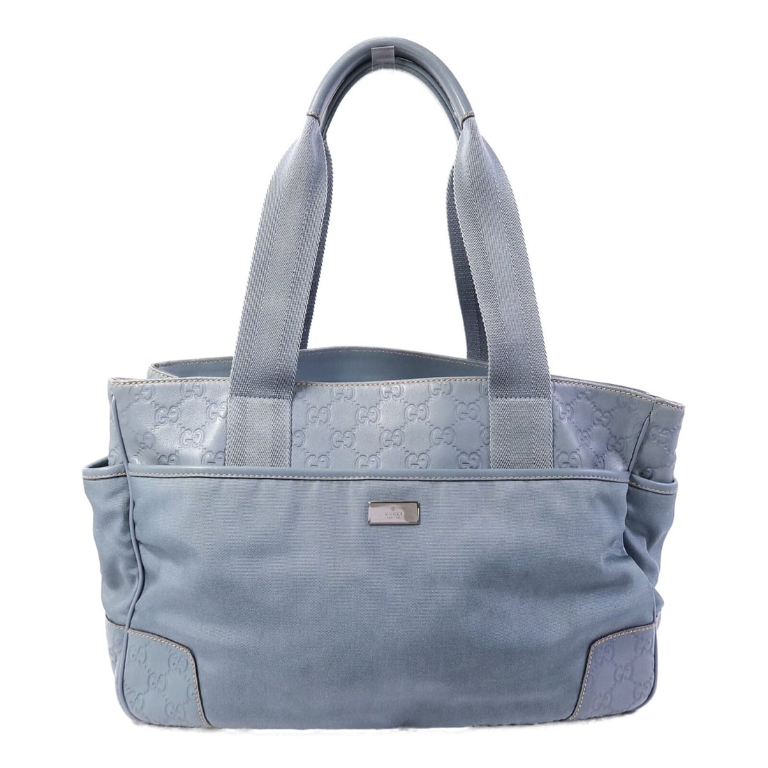 Gucci GG Tote Bag Blue: Blue GG tote 161770 in calfskin and canvas with silver hardware; includes storage bags; 35 x 25 x 14 cm.