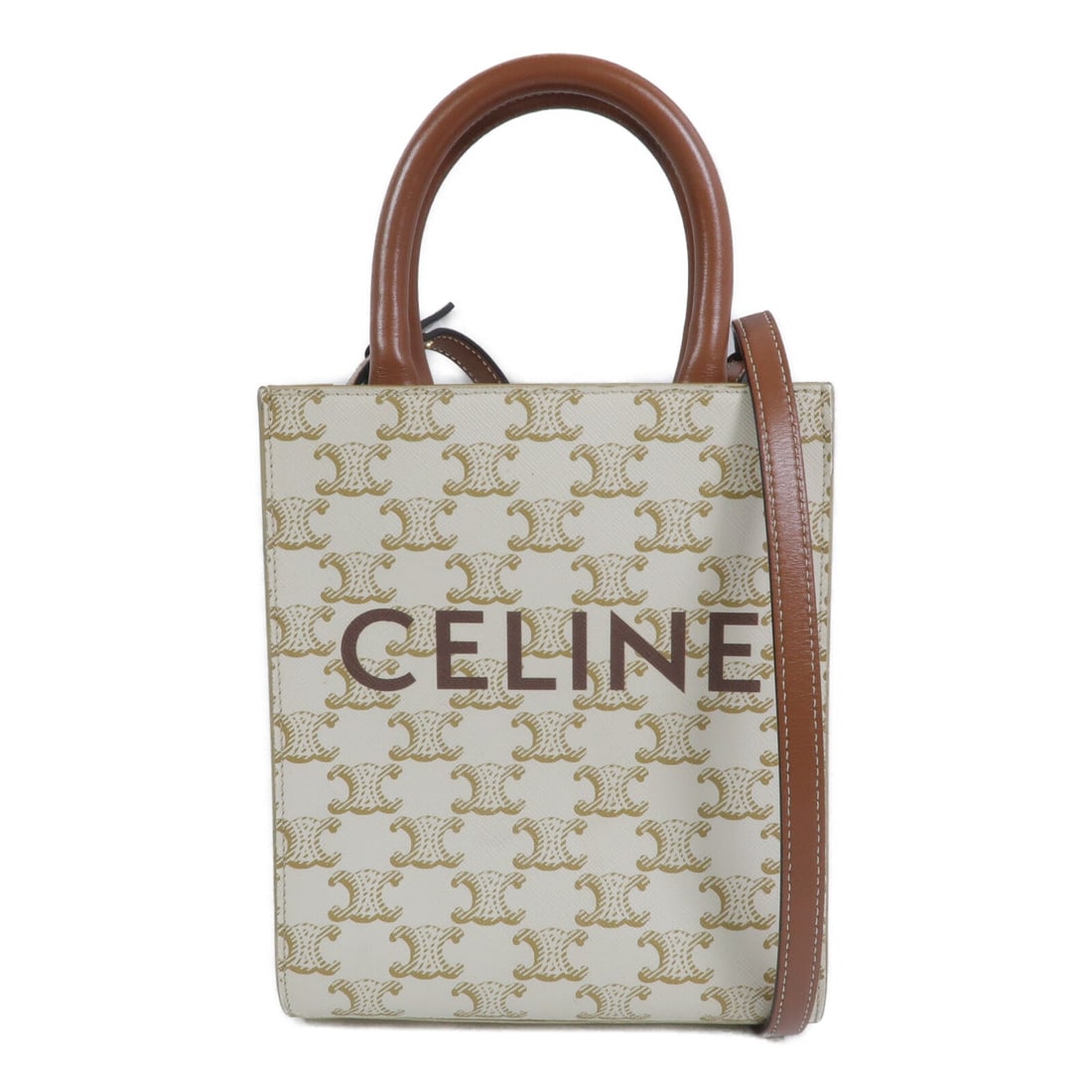 Celine Mini Vertical Cabas Brown: Mini Vertical Cabas 2 way shoulder bag 194372BZK.01BC in coated canvas with gold hardware; includes storage bags and shoulder strap; 17 x 20.5 x 5 cm.