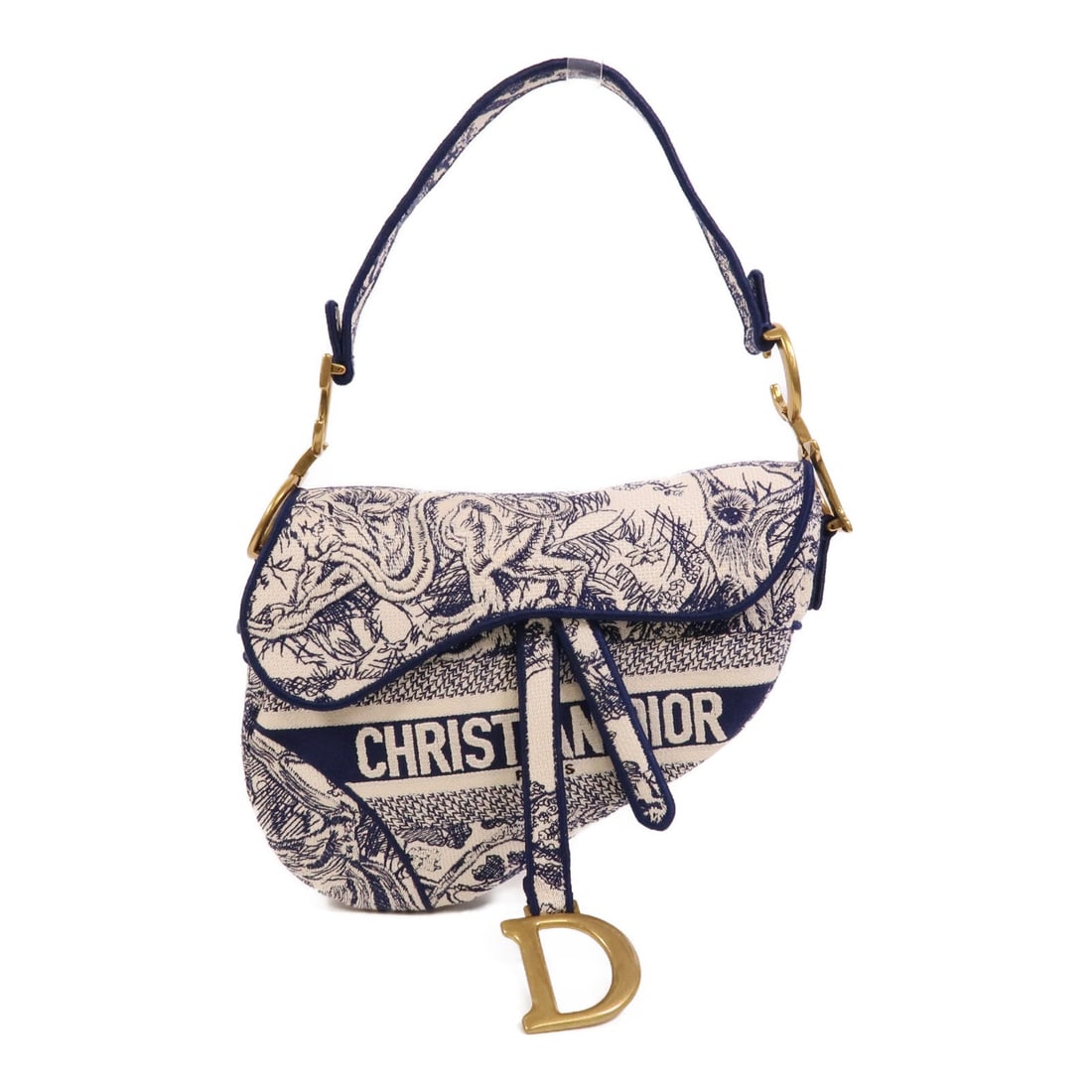 Dior Saddle Handbag White Navy: Saddle handbag in white and navy canvas with gold hardware; includes box and storage bags; 16 to 24 x 13 to 19 x 6 cm.