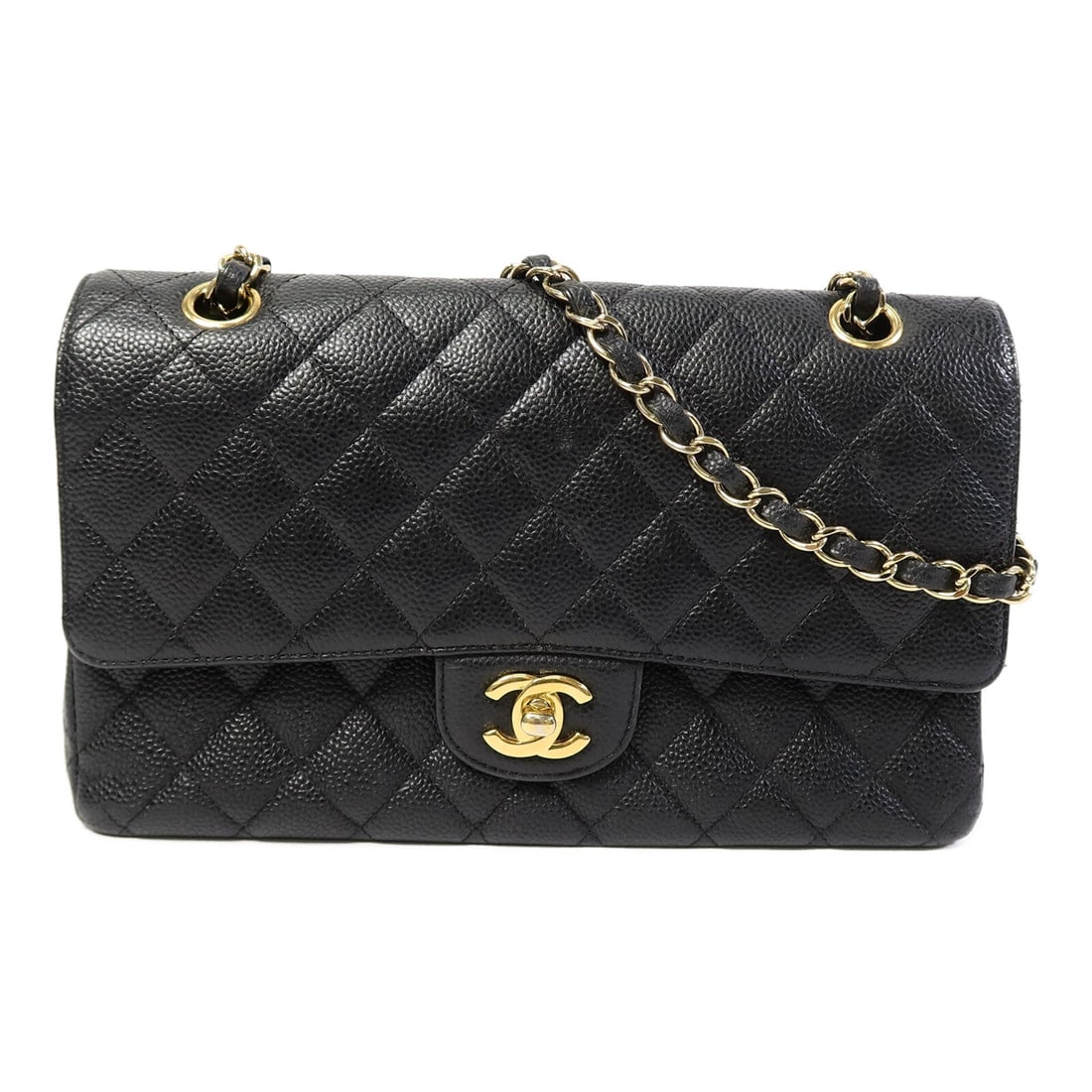 Chanel Classic 25 Black: Classic 25 chain shoulder bag A01112 in black calfskin with gold hardware; includes hologram sticker; 25.5 x 15.5 x 6.5 cm.