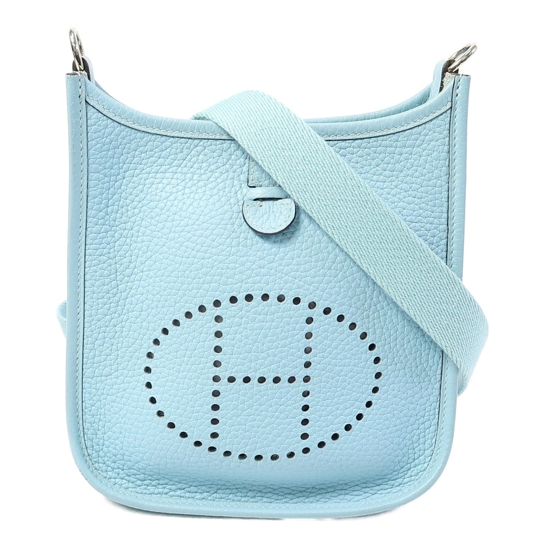 Hermes Evelyne TPM Bleu Atoll: Evelyne TPM shoulder bag in Bleu Atoll Taurillon Clemence calfskin with palladium hardware; includes box, storage bags, and shoulder strap; 17 x 19 x 5.5 cm.