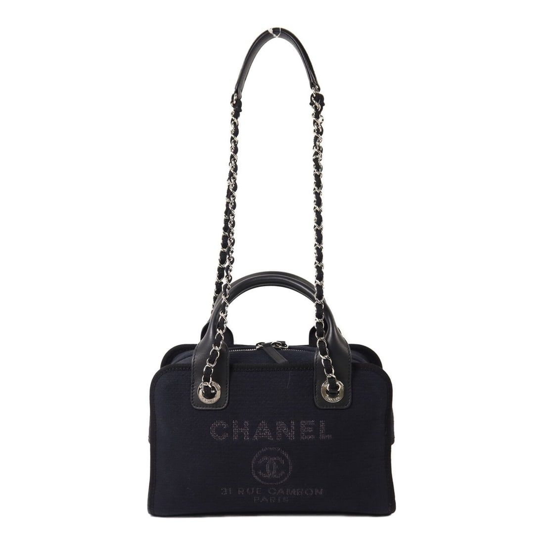 Chanel Deauville Bowling Navy: Deauville Bowling chain shoulder bag A92749 in navy and black canvas with silver hardware; includes hologram sticker; 27 x 17 x 11 cm.