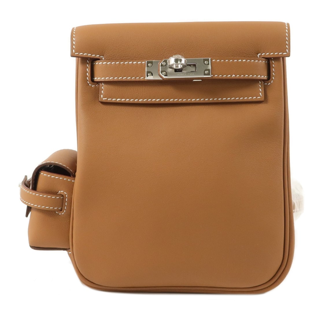 Hermes Kelly Jump Gold: Kelly Jump backpack in Gold Swift leather with palladium hardware; includes box and storage bags; 14 x 17 x 6 cm.