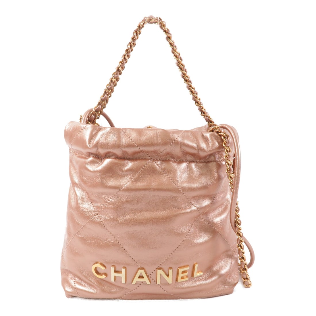 Chanel 22 Mini Pink: Chanel 22 Mini chain shoulder bag AS3980 in pink calfskin with gold hardware; includes storage bags and hologram sticker; 22 x 19 x 6 cm.