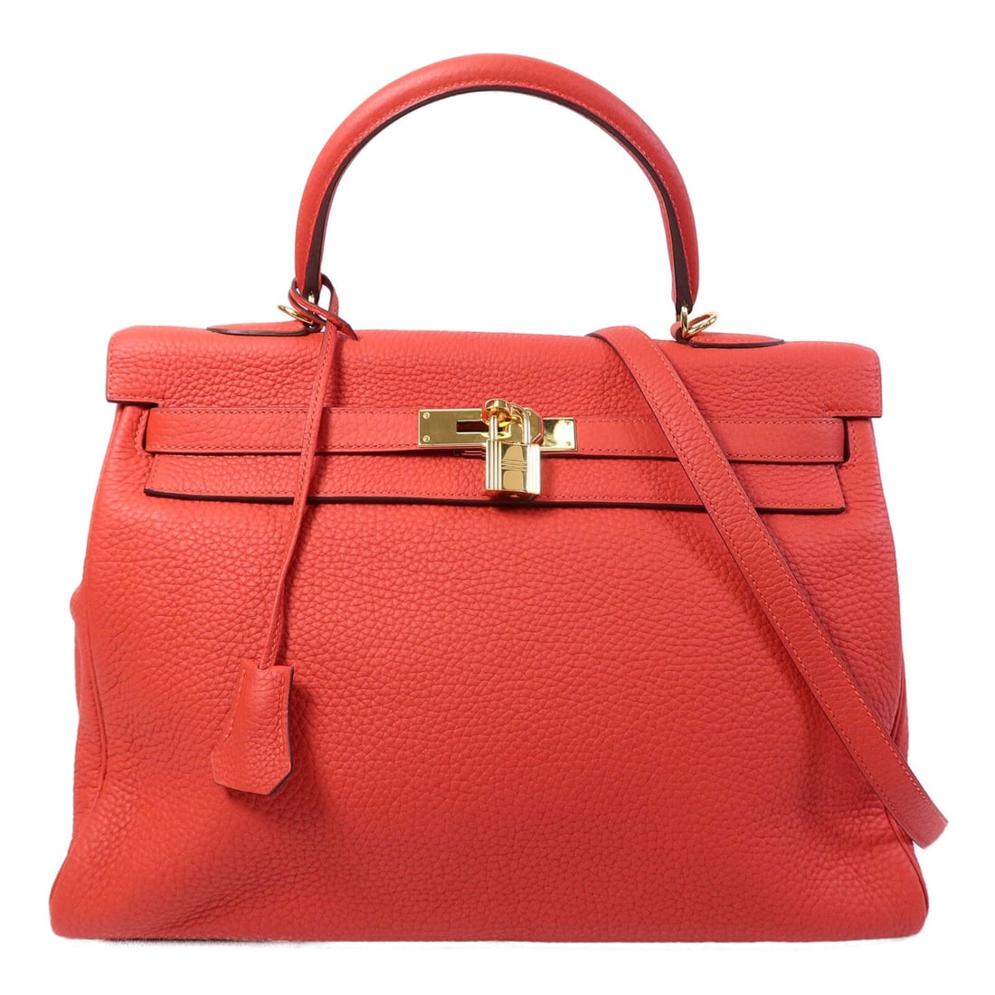 Hermes Kelly 35 Rouge Tomate: Kelly 35 2 way shoulder bag in Rouge Tomate Clemence leather with gold hardware; includes storage bags, shoulder strap, clochette, key, and cadena; 35 x 24 x 13 cm.
