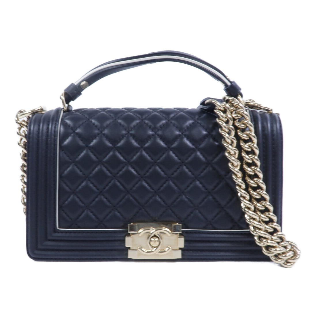 Chanel Boy 25 2Way Black: Boy 25 2 way chain shoulder bag in black lambskin with gold hardware; includes hologram sticker and guarantee; 25 x 14 x 6 cm.