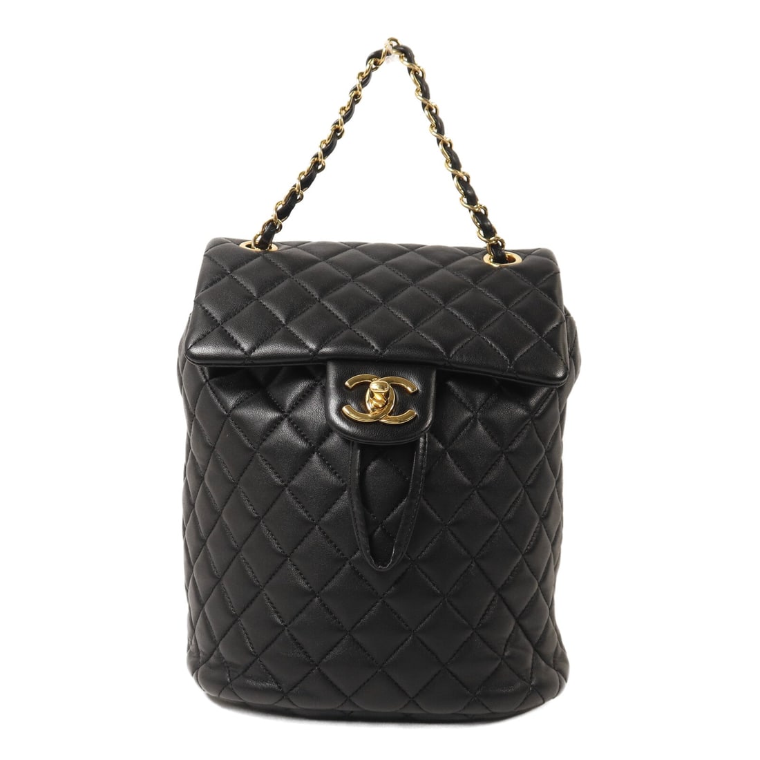 Chanel Backpack Black Lambskin: Backpack in black lambskin with gold hardware; includes storage bags, hologram sticker, and guarantee; 19 x 25 x 12 cm.