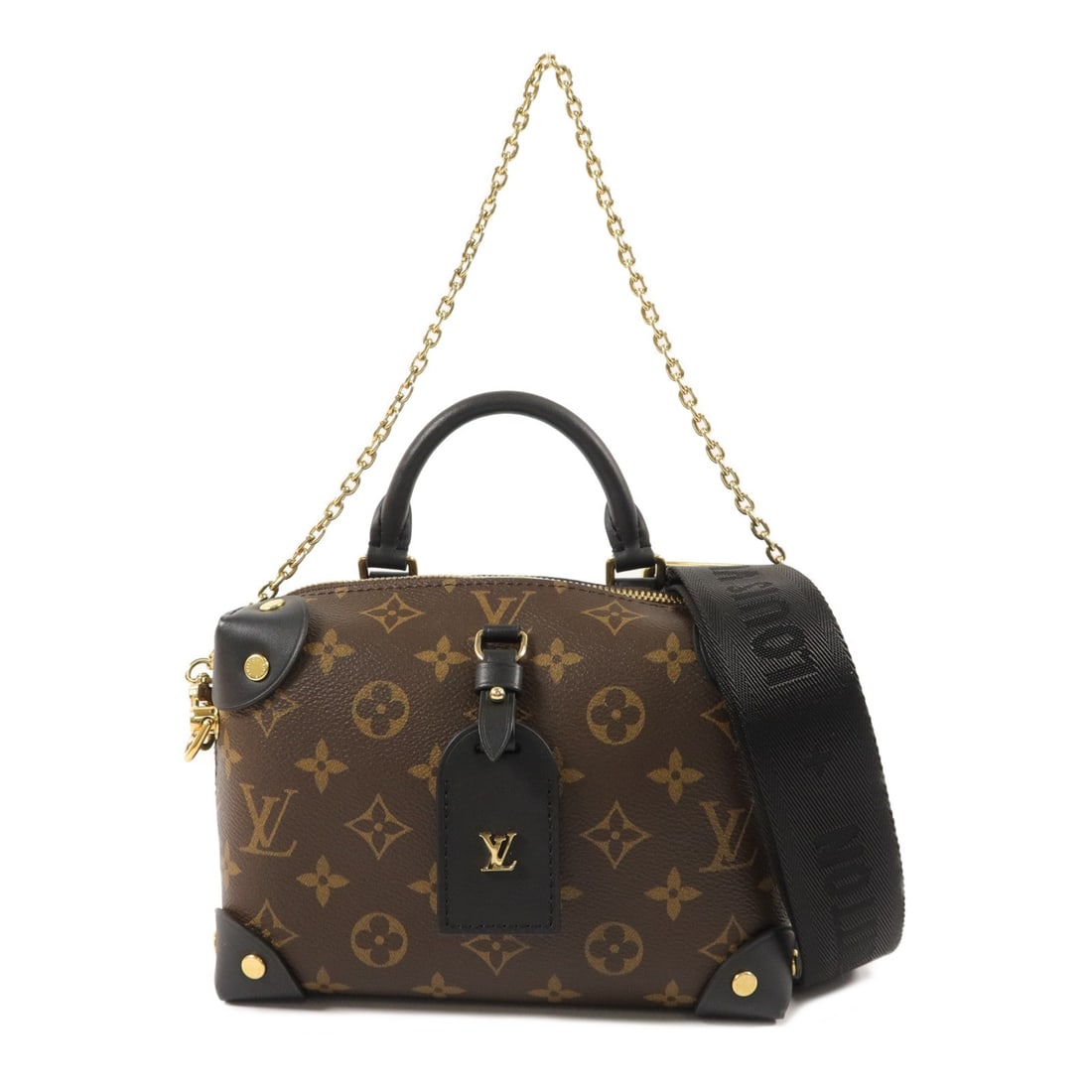 Louis Vuitton Petite Malle Souple: Petite Malle Souple 2 way shoulder bag M45571 in brown and black Monogram coated canvas with gold hardware; includes box, storage bags, and shoulder strap; 19.5 x 14 x 8 cm.