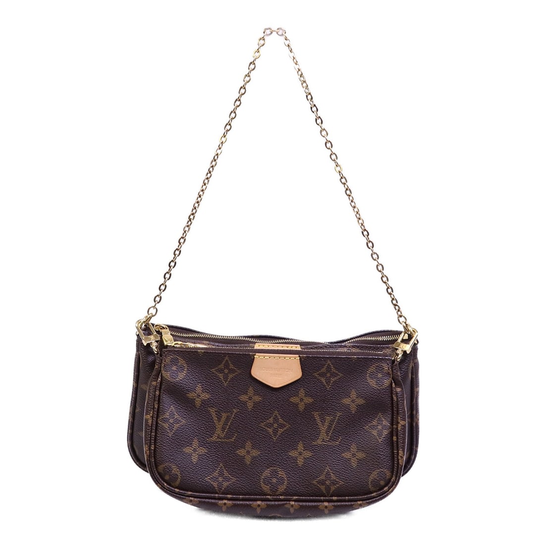 Louis Vuitton Multi Pochette Brown: Multi Pochette Accessoires 2 way shoulder bag M44813 in Monogram coated canvas with gold hardware; includes storage bags, shoulder strap, and pouch; 23 x 13 x 3.5 cm.