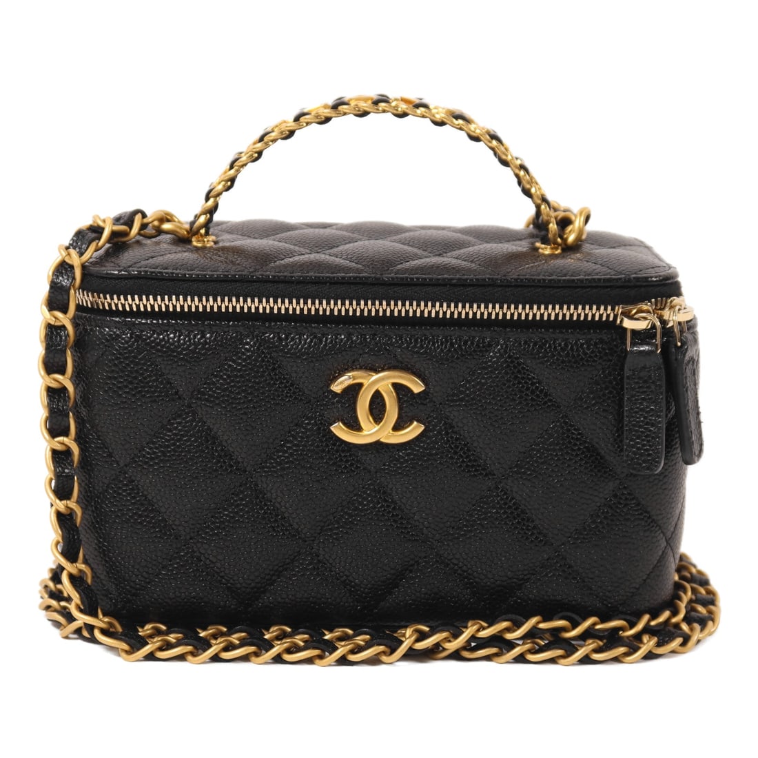 Chanel Vanity Top Handle Black: Vanity Case top handle chain shoulder bag AP2805 in black calfskin with gold hardware; includes storage bags, hologram sticker, and guarantee; 16 x 9.5 x 8 cm.