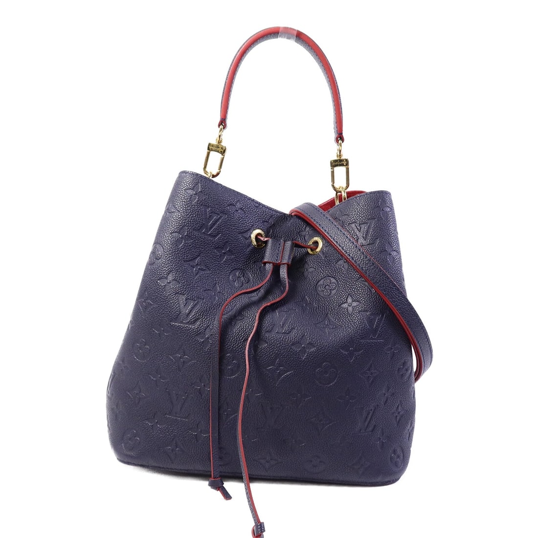 Louis Vuitton Neo Noe MM Navy: Neo Noe MM 2 way bag M45306 in navy and red Monogram Empreinte calfskin with gold hardware; includes storage bags and shoulder strap; 26 x 26 x 17 cm.