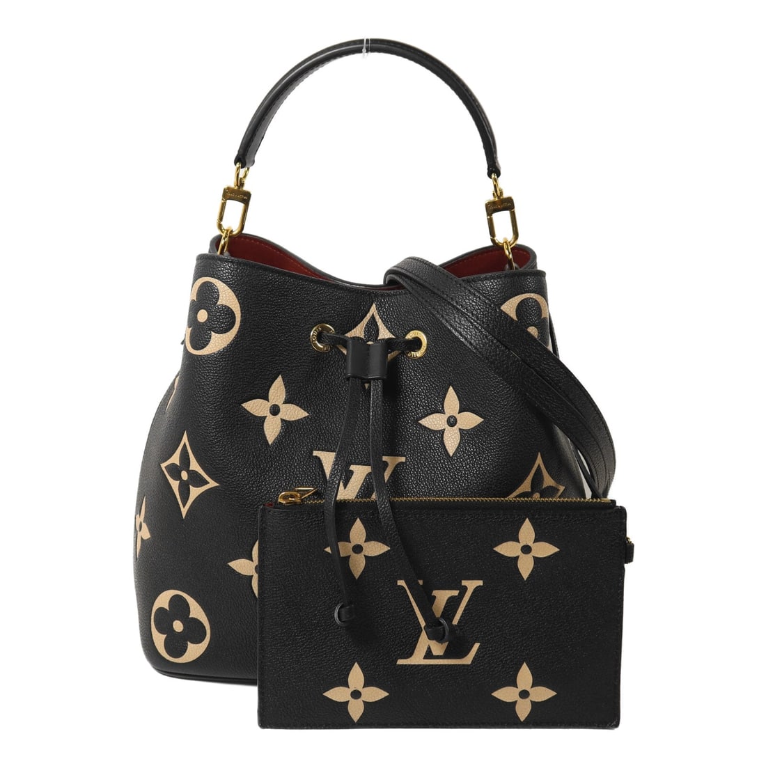 Louis Vuitton Neo Noe MM Black: Neo Noe MM 2 way shoulder bag M45497 in black and beige Monogram Empreinte calfskin with gold hardware; includes storage bags, shoulder strap, and pouch; 25.5 x 25 x 17 cm.