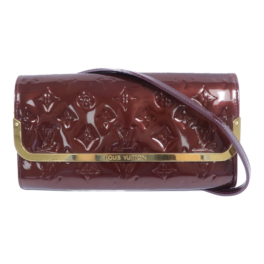 Louis Vuitton Rossmore MM Red Wine: Rossmore MM M91592 in red Monogram Vernis patent leather with gold hardware; includes shoulder strap; 23 x 14 x 2 cm.