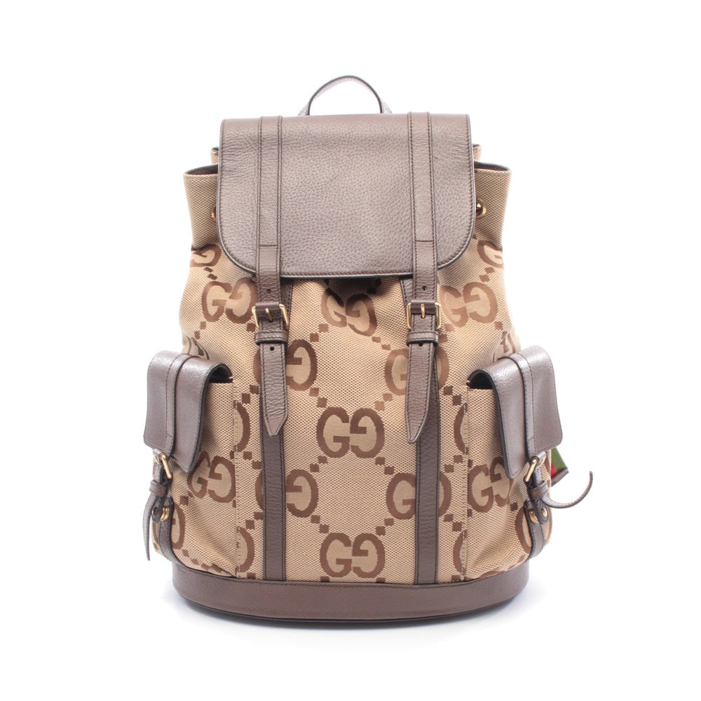 Gucci Jumbo GG Backpack Beige Brown: Beige and brown canvas and leather Jumbo GG backpack. Approx. 34.5 x 45 x 12 cm; straps 61.5-71.5 cm; handle 20.5 cm. Model 678829. Authentic and authenticated.