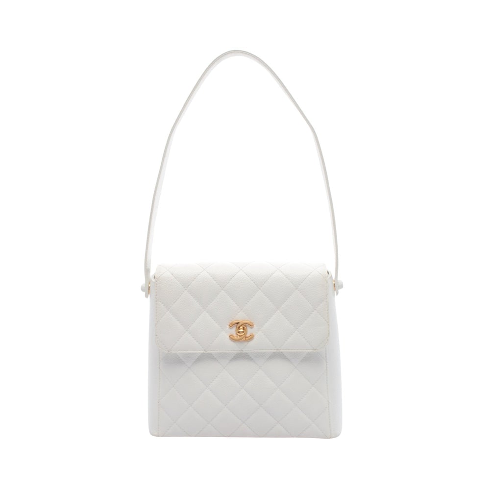 Chanel Matelasse One Shoulder Bag: White caviar skin one shoulder bag with gold hardware and serial seal; H21.5 x W20/24.5 x D9.5 cm. Authentic and authenticated.