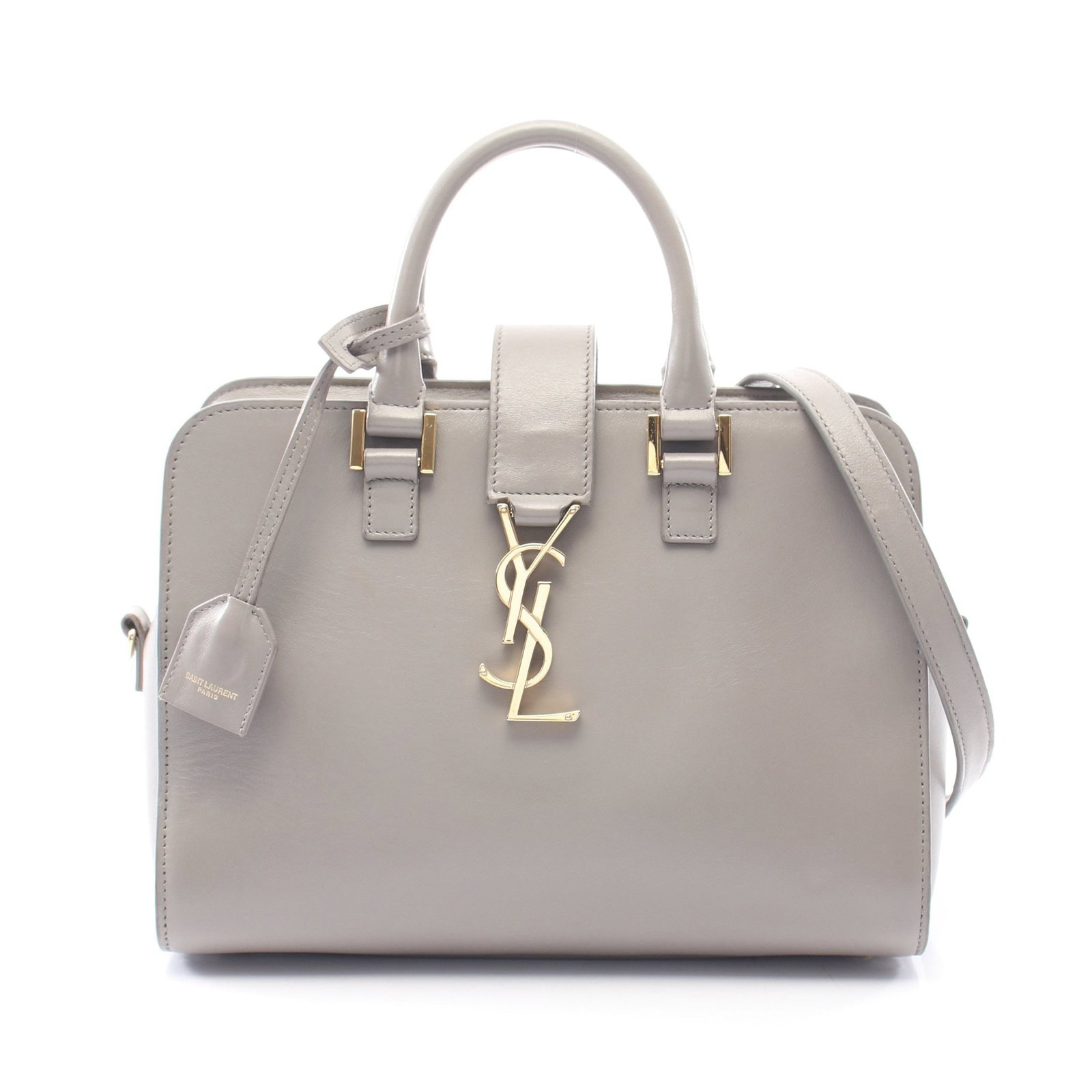 Saint Laurent Baby Monogram Kabas: Authentic and authenticated Saint Laurent Paris YSL line Baby Monogram Kabas 2WAY handbag in gray leather. Model 472466. Approx. 19H x 25/25.5W x 13D cm with 28 cm handle and 126 cm strap. Includes