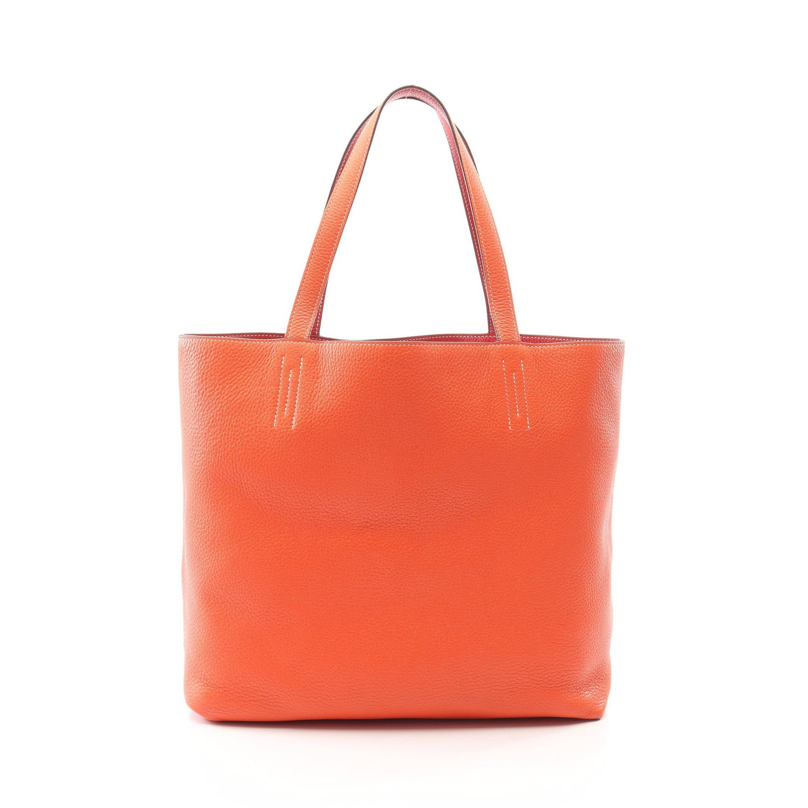 Hermes Double Sense 45 Reversible Tote: Authentic and authenticated Hermes Double Sense 45 reversible tote handbag in orange and red Clemence leather. Approx. 34H x 45/36W x 12.5D cm with 49 cm handles. A stamp.