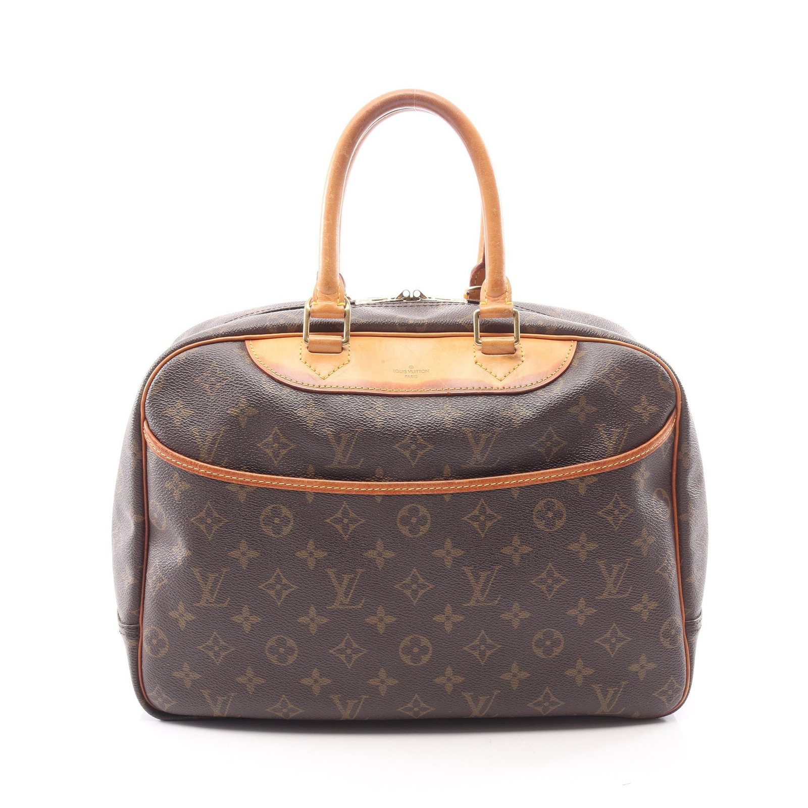 LV Deauville Monogram Handbag Brown: Authentic and authenticated Louis Vuitton Deauville Bowling Vanity Monogram handbag in brown PVC and leather. Model M47270, product no. VI0996. Approx. 25H x 32/35W x 14D cm with 36 cm handle.