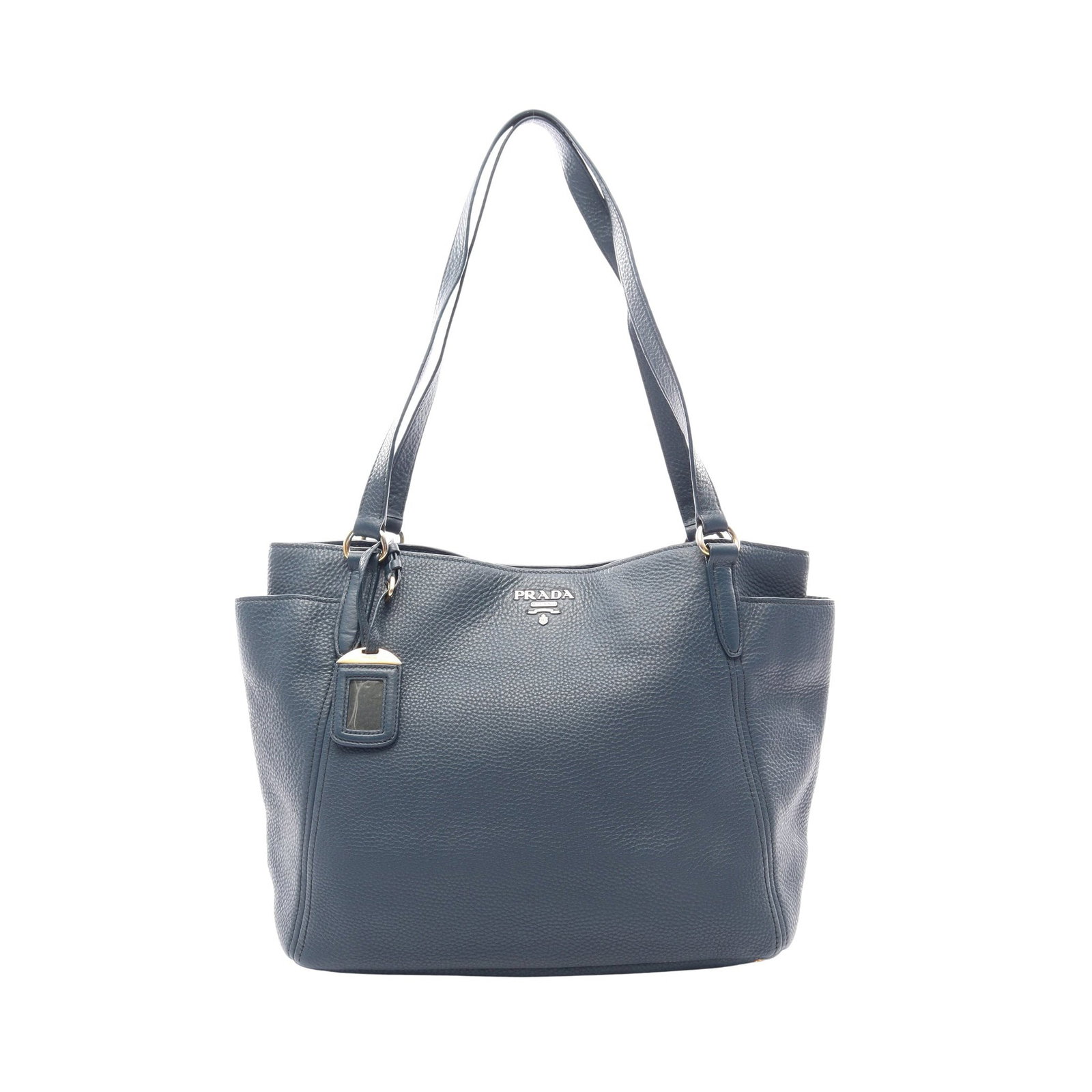 Prada Vit Daino Tote Blue: Vitello Daino shoulder tote in blue leather. Includes name tag. Size 34 x 30 x 14 cm.