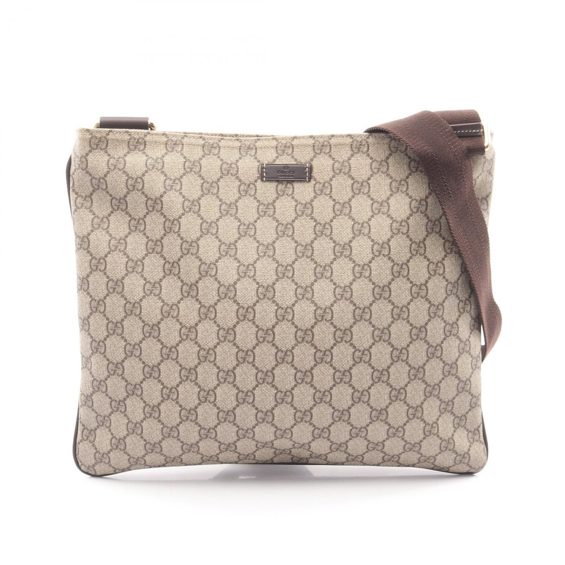 Gucci GG Supreme Shoulder Bag Beige: Authentic and authenticated Gucci GG Supreme shoulder bag in beige/dark brown PVC and leather. Model 201446. Approx. 30H x 33/34W x 1D cm with 123-133 cm strap. No accessories listed.