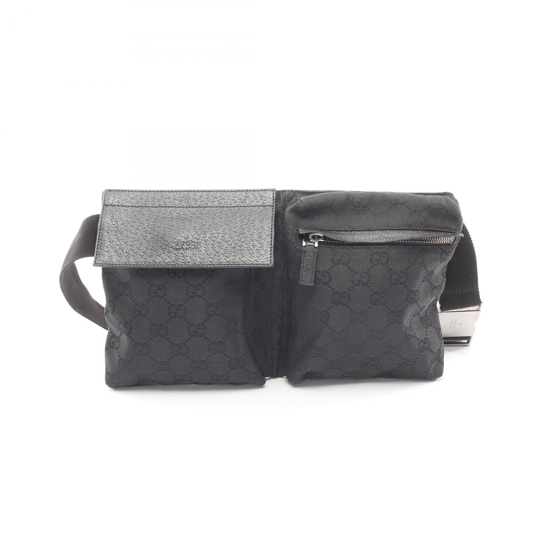 Gucci GG Canvas Waist Body Bag Black: Authentic and authenticated Gucci GG canvas body waist bag in black canvas and leather. Model 28566. Approx. 16H x 29W x 2.5D cm with maximum 86 cm strap. No accessories listed.