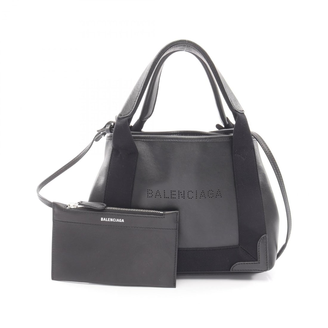 Balenciaga Navy XS 2WAY Handbag: Authentic and authenticated Balenciaga Navy hippopotamus XS 2WAY handbag in black leather. Model 390346. Approx. 20H x 23/25W x 7D cm with 37 cm handle and 107-112 cm strap. Includes strap and pouch.