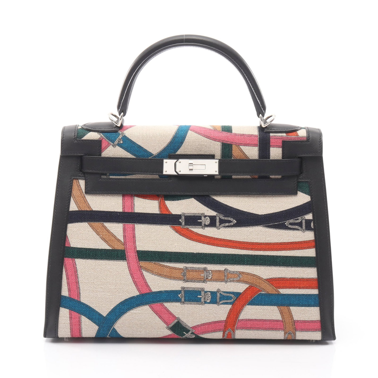 Hermes Kelly 32 Cavalcadour: Beige black multicolor Toile Camp and Swift 2-way handbag.
