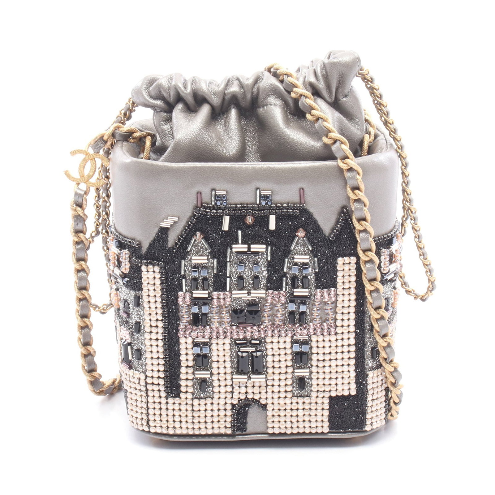 Chanel Beaded Bucket Bag Silver: Silver lambskin small bucket bag with bead embroidery and chain strap.