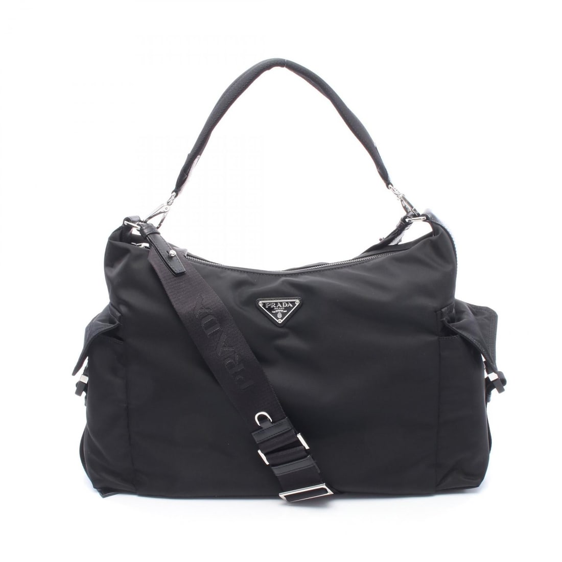 Prada Explorer Re-Nylon Shoulder Bag: Authentic and authenticated Prada Explorer Re-Nylon shoulder bag in black nylon saffiano leather. Model 2DW3F0002. Approx. 26H x 38/42W x 14.5D cm with short and long strap options.